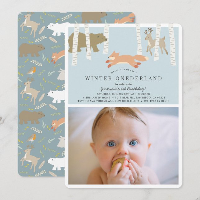 Woodland Winter Onederland Blue Photo 1st Birthday Invitation (Front/Back)
