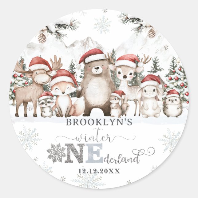 Woodland Winter ONEderland Christmas 1st Birthday Classic Round Sticker (Front)