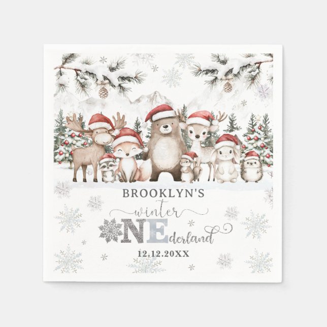 Woodland Winter ONEderland Christmas 1st Birthday Napkin (Front)