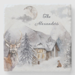 Woodland Winter Watercolor Family Name Monogrammed Stone Coaster