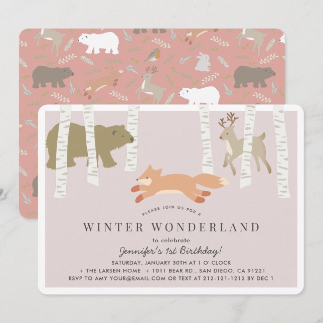 Woodland Winter Wonderland Pink Girl Birthday Invitation (Front/Back)