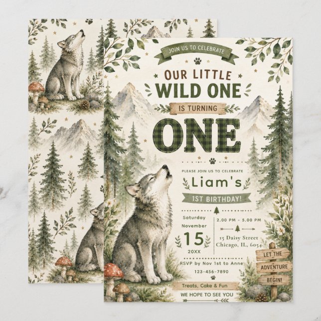 Woodland Wolf First Birthday Invitation (Front/Back)