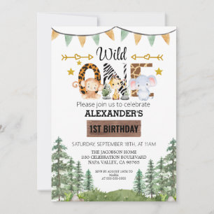 Woodland Wonder Jungle Safari 1st Birthday   Invitation
