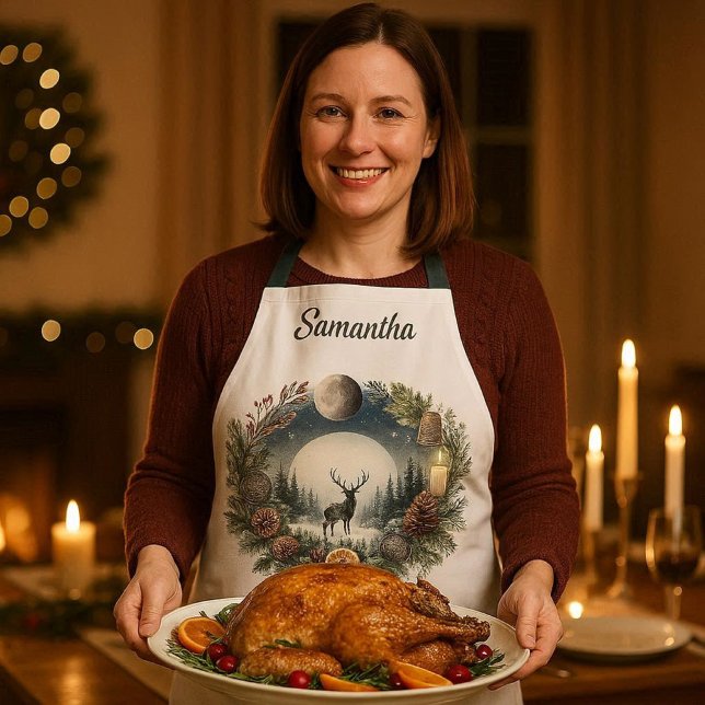 Woodland  Wreath with Deer Moon  Apron (Winter solstice nature inspired holiday apron for  yule and more )