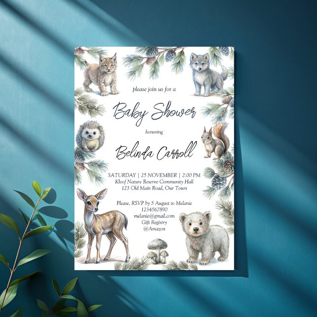 Woodlands forest cute baby animals baby shower invitation (Woodlands forest cute baby animals baby shower invitation template neutral gender pastel  forest)