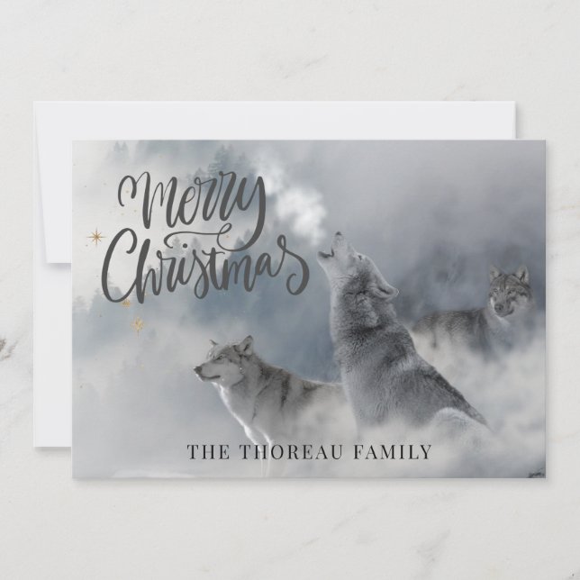 Woodlands Wolves Winter Merry Christmas  Holiday C Card (Front)