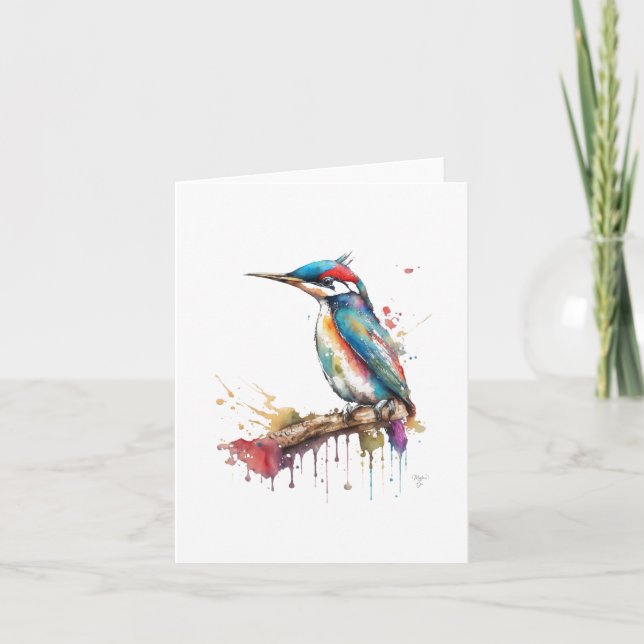 Woodpecker Bird Portrait in Watercolors & Pen Holiday Card (Front)