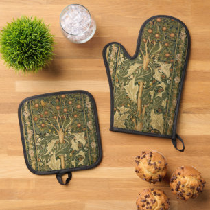 Woodpecker by William Morris, Vintage Textile Art Oven Mitt & Pot Holder Set