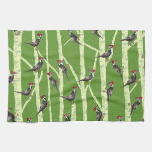 WOODPECKER IN TREES PATTERN TEA TOWEL
