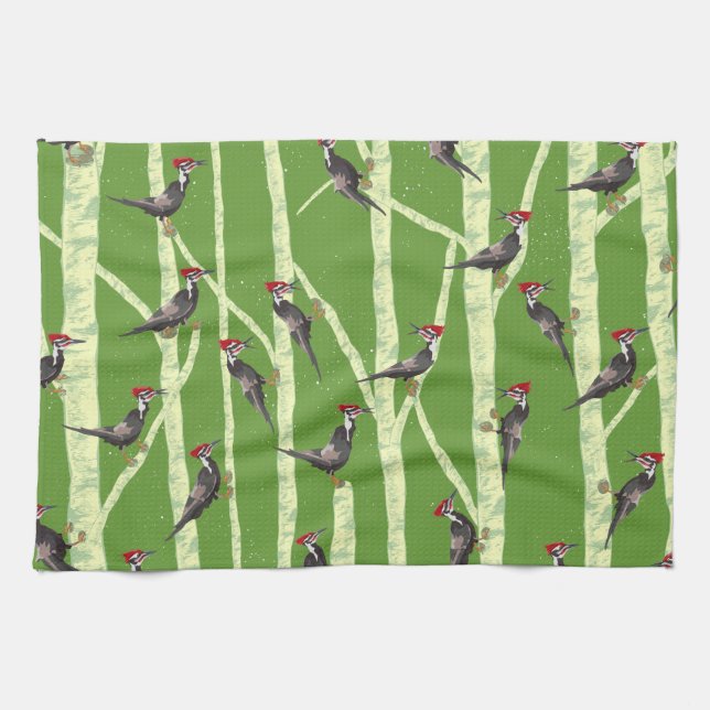 WOODPECKER IN TREES PATTERN TEA TOWEL (Horizontal)