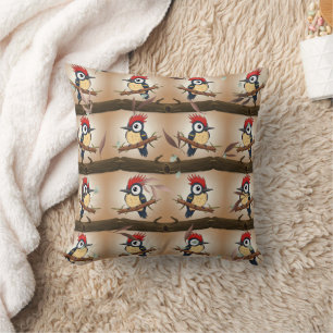 Woodpecker Kawaii Leaves Print Cushion