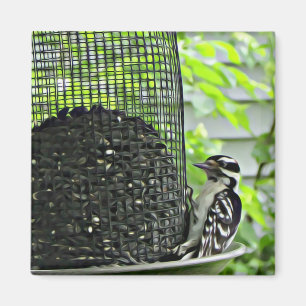 Woodpecker on Bird feeder Refrigerator Magnet