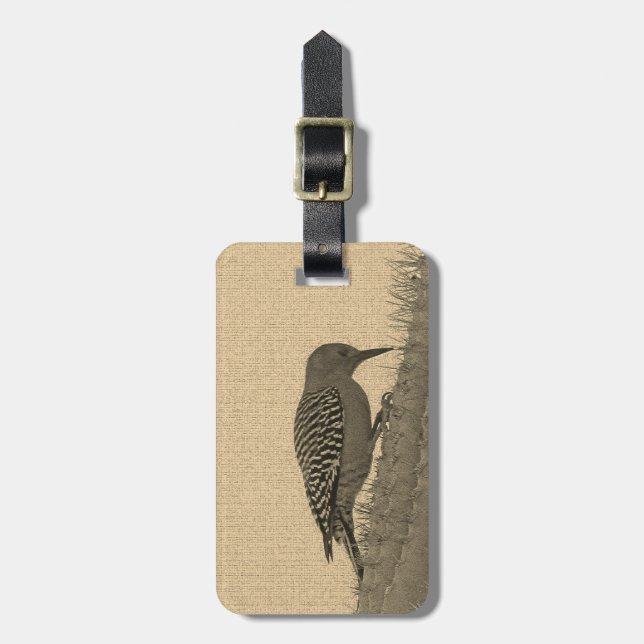 Woodpecker Photo Sepia Saguaro Cactus Arizona Luggage Tag (Front Vertical)