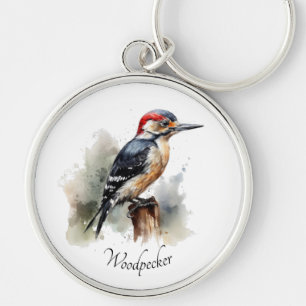 woodpecker sitting on a pole in watercolor key ring