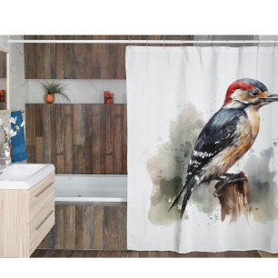 woodpecker sitting on a pole in watercolor shower curtain