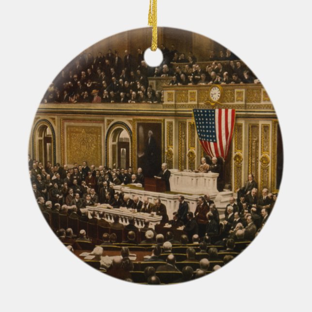 Woodrow Wilson asking Congress to Declare War Ceramic Tree Decoration (Back)