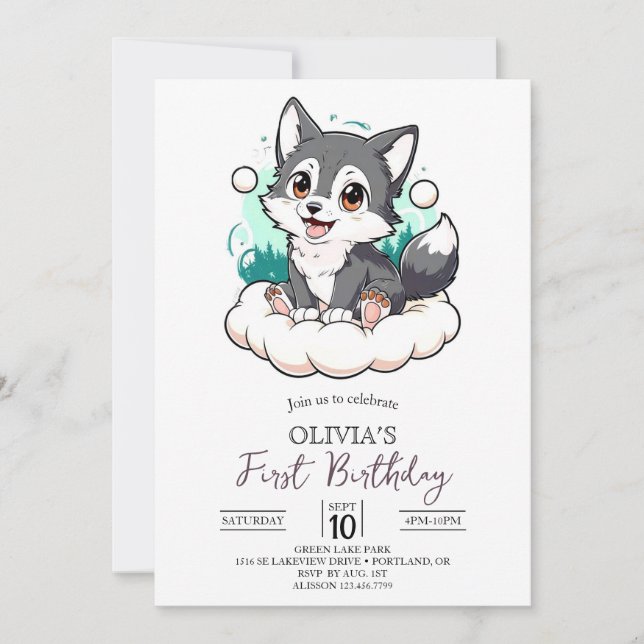 Woods Custom Digital Wolf 1st Birthday Invitation (Front)