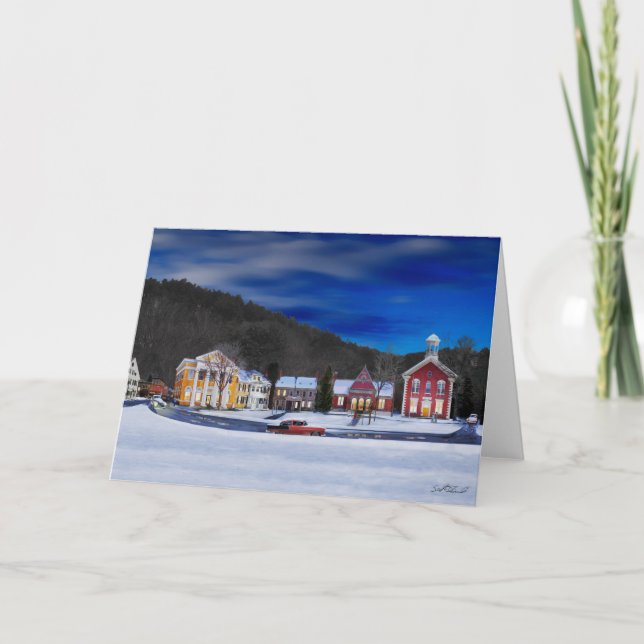 Woodstock Vermont on a winter night Holiday Card (Front)