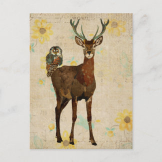 Woodsy Elk & Teal Owl Postcard