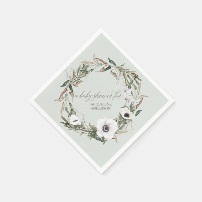 Woodsy Foliage Floral Wreath Anemone Watercolor Napkin (Corner)