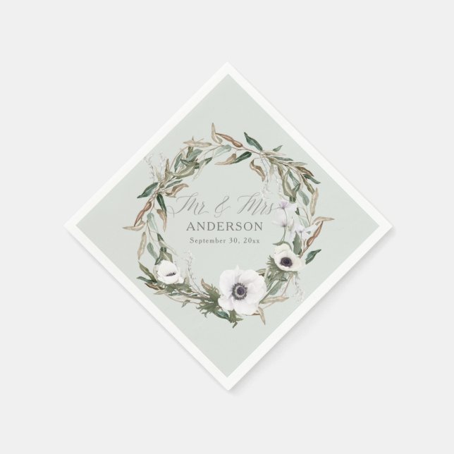Woodsy Greenery Floral Wedding Anemone Watercolor Napkin (Corner)