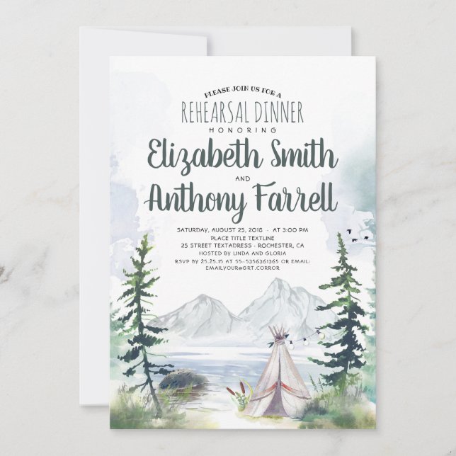 Woodsy Mountains Adventure Boho Rehearsal Dinner Invitation (Front)
