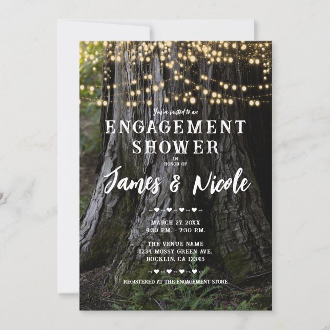 Woodsy Tree Lights Forest Rustic Engagement Party Invitation (Front)