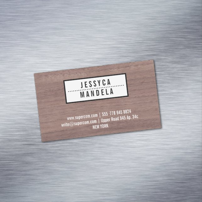 Woodworker with Hazel Wood Magnetic Business Card (In Situ)