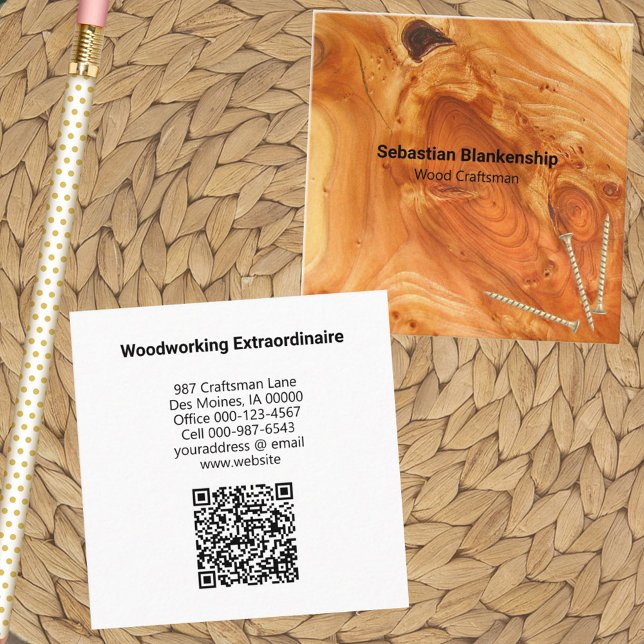 Woodworking Craftsman Finished Wood Knot QR Code Square Business Card (square business card front and back template)