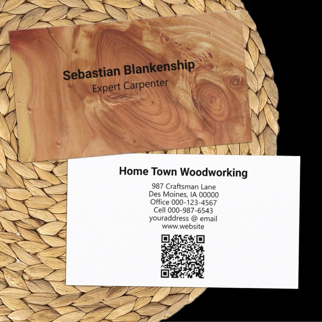 Woodworking Craftsman Wood Texture QR Code Business Card (business card front and back)