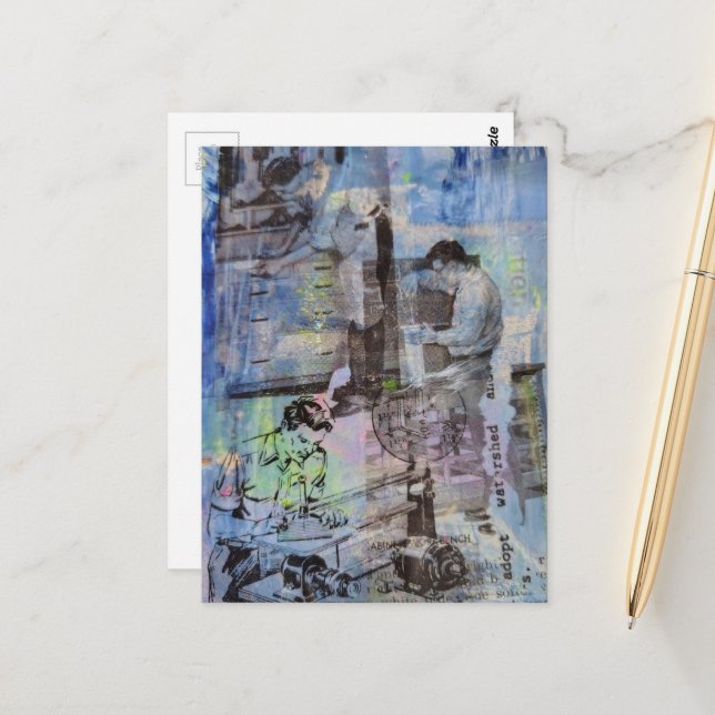 Woodworking Retro Men on a Blue Background Postcard (Front/Back In Situ)