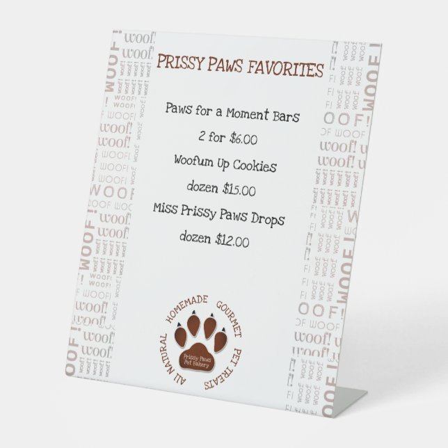 Woof Art Border Brown Dog Paw Business Name Pedestal Sign (Front)