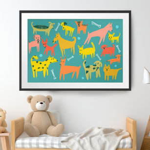 Woof! Colourful Funny Dogs Illustration Poster