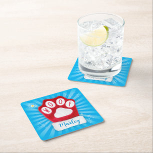 WOOF Customise Dog's Name Red Christmas Santa Paw Square Paper Coaster