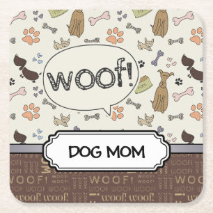 WOOF! Dog Lover - Puppies pattern personalised Square Paper Coaster