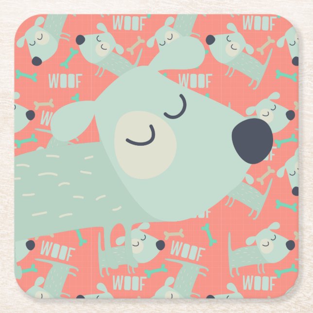Woof Dogs and Bones Square Paper Coaster (Front)