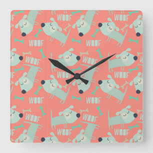 Woof Dogs and Bones Square Wall Clock