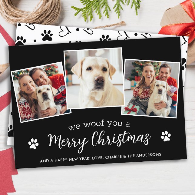 Woof Merry Christmas Custom Dog Lover 3 Pet Photos Holiday Card (Creator Uploaded)