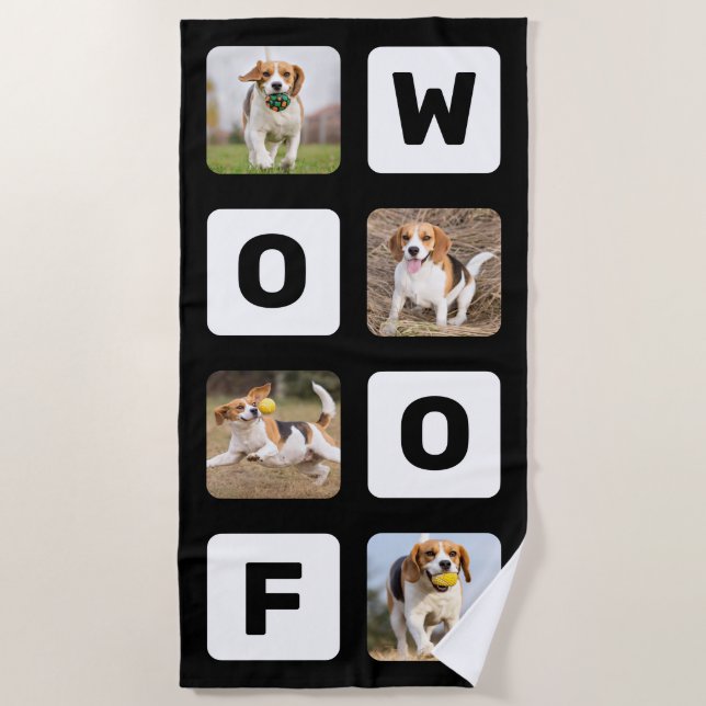 Woof Personalised Photo Collage Pet Lover Dog Beach Towel (Front)
