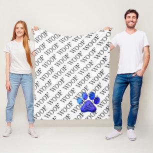 Woof Typography Blue Paw Print Modern Dog Pet Fun Fleece Blanket