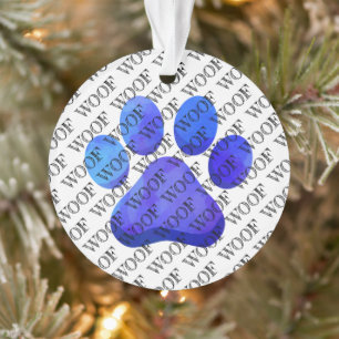 WOOF Typography Dog Paw Print Blue Modern Pet Fun Ornament