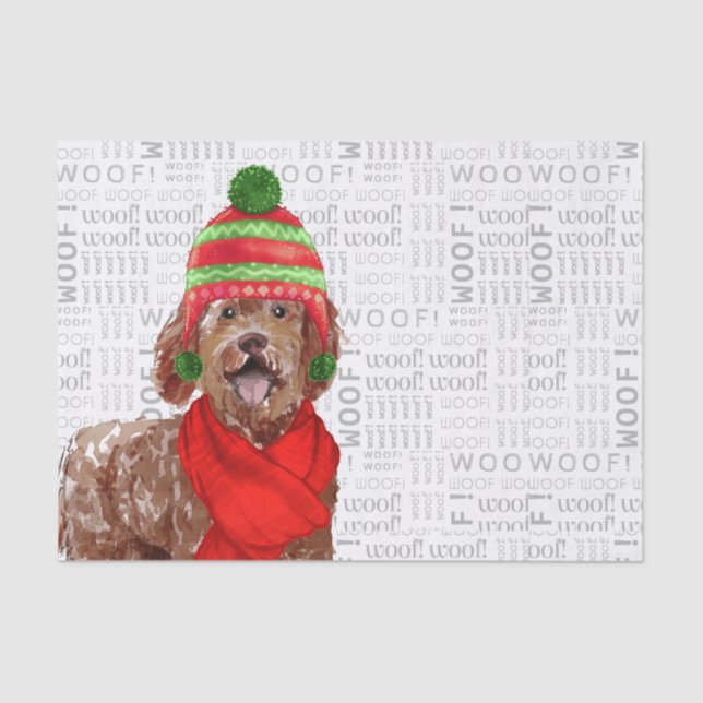 Woof Word Art and Brown Labradoodle Dog Christmas Tissue Paper (Front)