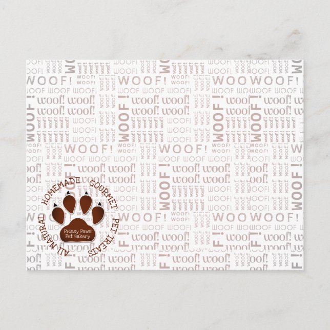 Woof Words and Paw Print in Brown with Business Postcard (Front)