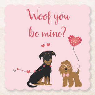 Woof You Be Mine Valentine Dogs Paper Coaster