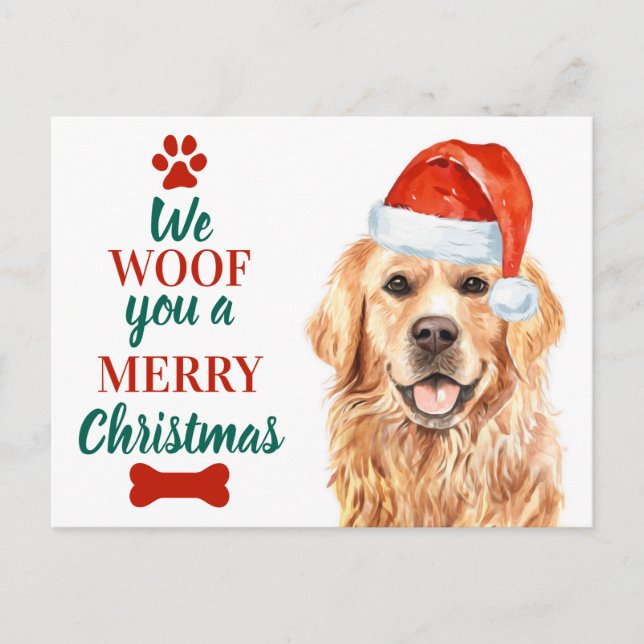 Woof You Merry Christmas Cute Dog Golden Retriever Holiday Postcard (Front)