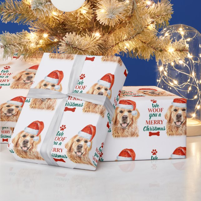 Woof You Merry Christmas Cute Dog Golden Retriever Wrapping Paper (Holidays)