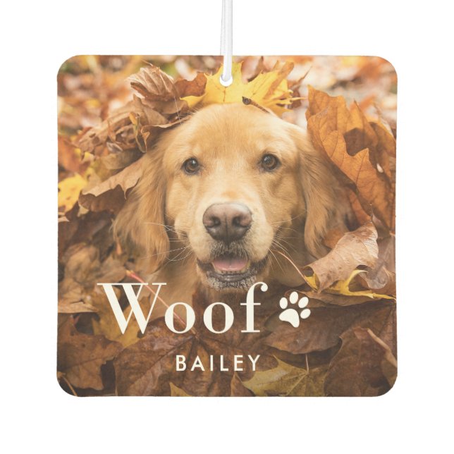 Woof | Your Dog's Photo and a Paw Print Car Air Freshener (Front)