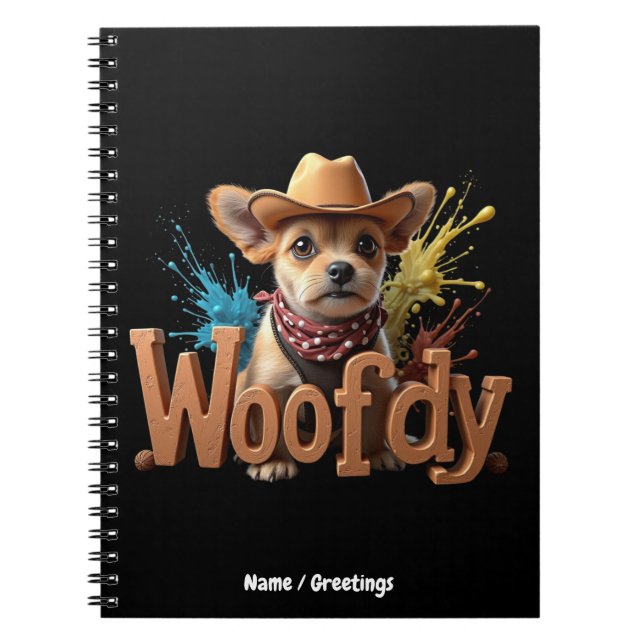 Woofdy Funny Western Cowboy Dog in Texas Notebook (Front)