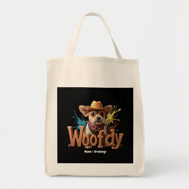 Woofdy Funny Western Cowboy Dog in Texas Tote Bag (Front)