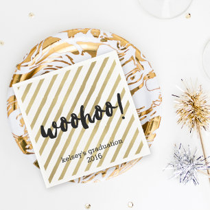 Woohoo   Black & Faux Gold Stripe Graduation Napkin